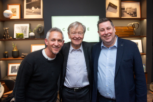 Lord Dubs (centre) with Gary Lineker - Fulham Football Club where refugee children take part in football training sessions March 5, 2020