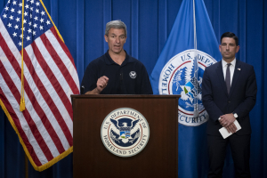 Press briefing with Ken Cuccinelli (center) and Chad Wolf head of DHS 30 May 2020