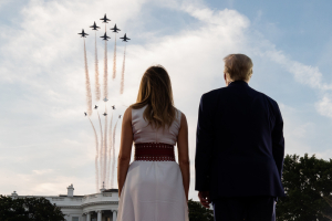 President Donald J. Trump and First Lady Melania Trump watch US Air Force perform a flyover during Salute to America event Saturday, July 4, 2020.