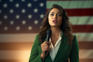 Woman speaking in front of US Flag