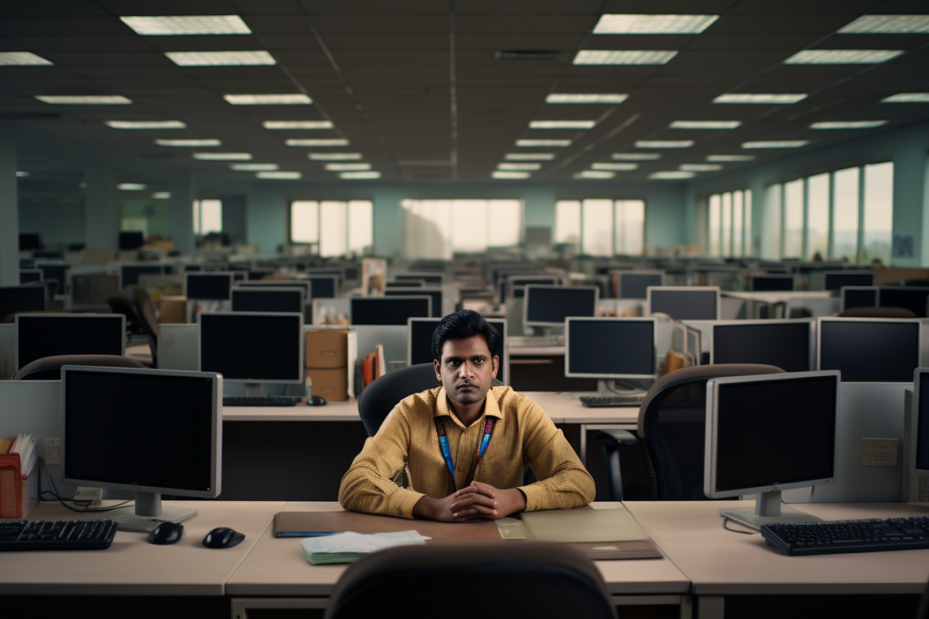 IT worker in a largely empty office in the US AI Generated
